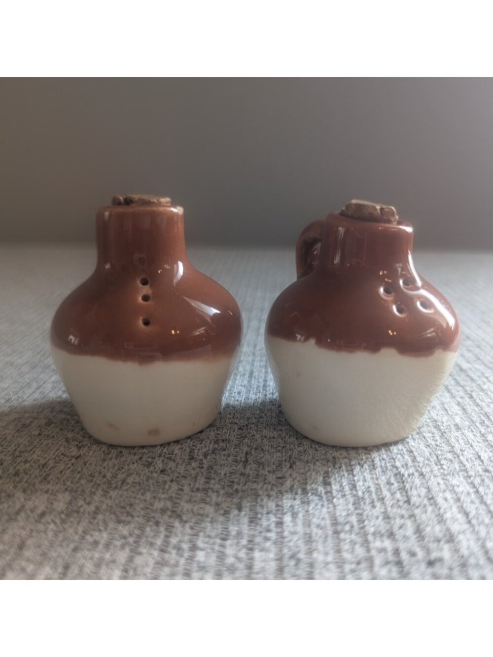 Pair of Vintage Jug-Shaped Salt and Pepper Shakers with Cork Stoppers, VGC
